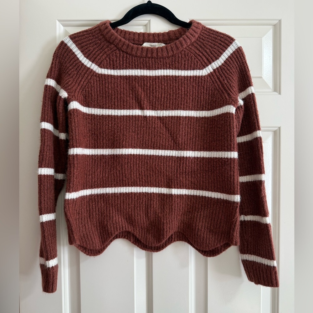 Pinque Striped, Scalloped Sweater - Brown and White